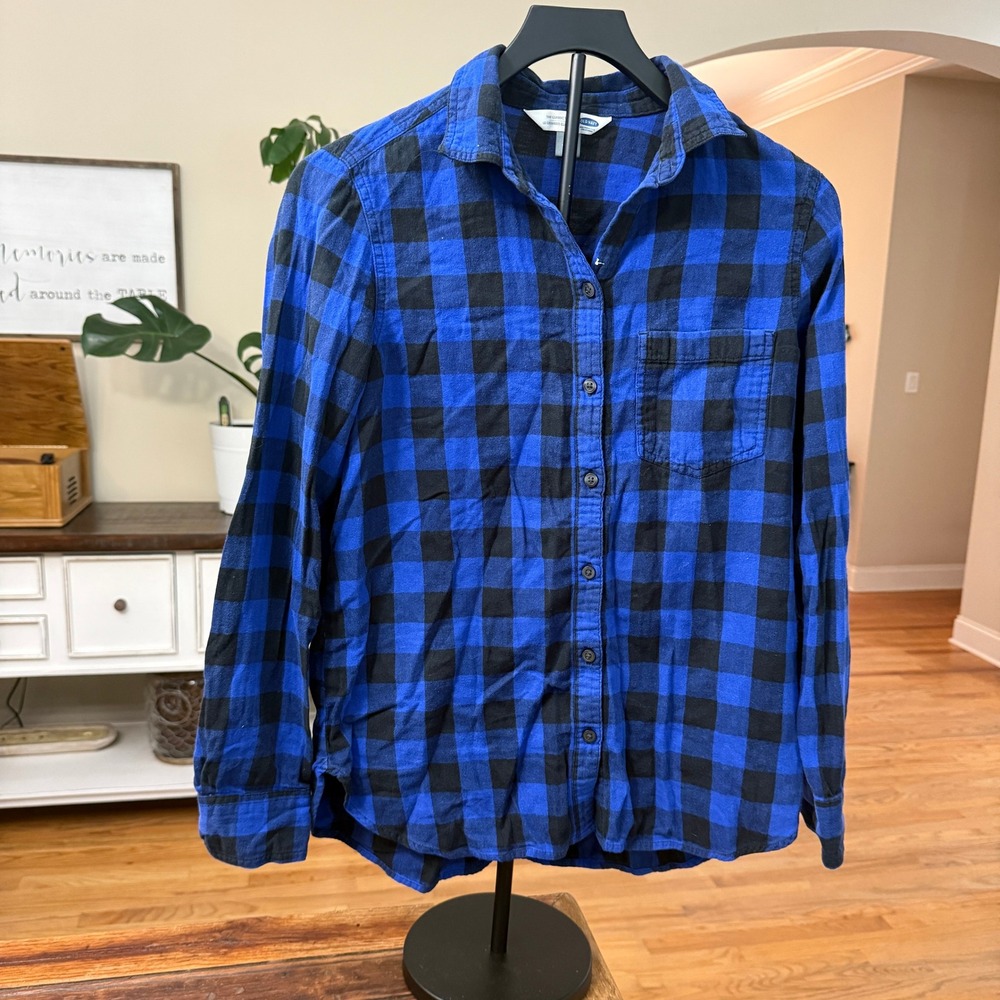 Old Navy The Classic Shirt Womens Medium Blue Black Buffalo Plaid Flannel Top